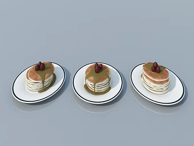 Three Pancakes on White Plates Topped with Green Sauce and Red Fruits 3d model