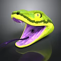 Green and Yellow Snake with Open Mouth Purple Interior Extended Tongue and Yellow Eyes