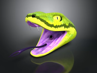 Realistic Style Snake Head Snake Head Green Snake Yellow Black Striped Purple Tongue 3d model