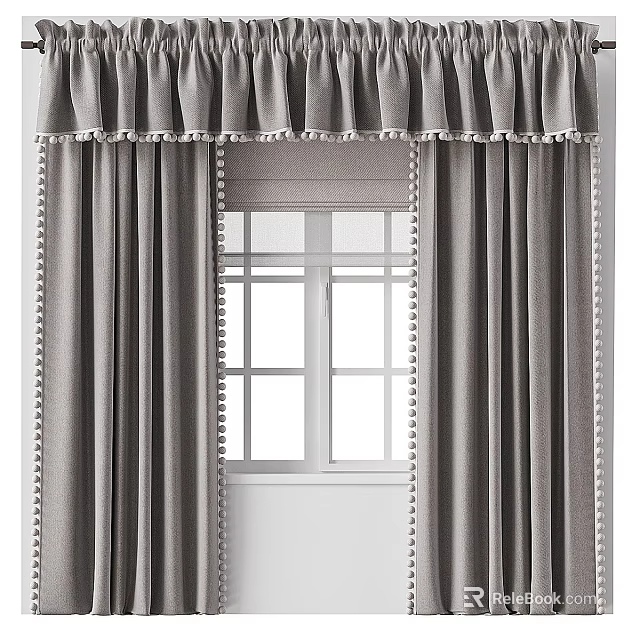 Stylish Grey Velvet Curtains With Delicate Pom Pom Trim For Modern Home Window Decoration 3d model 