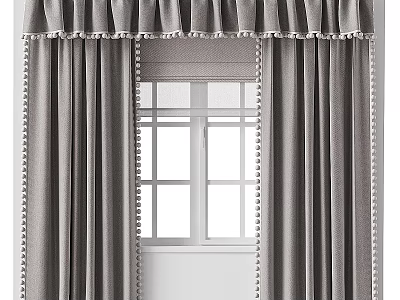 Stylish Grey Velvet Curtains With Delicate Pom Pom Trim For Modern Home Window Decoration 3d model