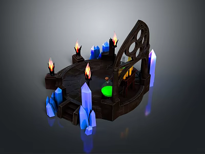 Fantasy Scene Component With Circular Structure Burning Torches Blue Crystals And Green Glow 3d model