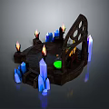 Fantasy Scene Component With Circular Structure Burning Torches Blue Crystals And Green Glow