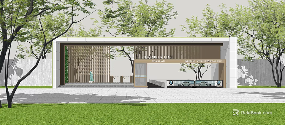 Modern Main Entrance Gate With Wooden Grille Green Trees And Building Sign 3d model 