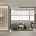 Modern Public Office Space With Lattice Screen Large Windows Sofa Coffee Table And Green Plants