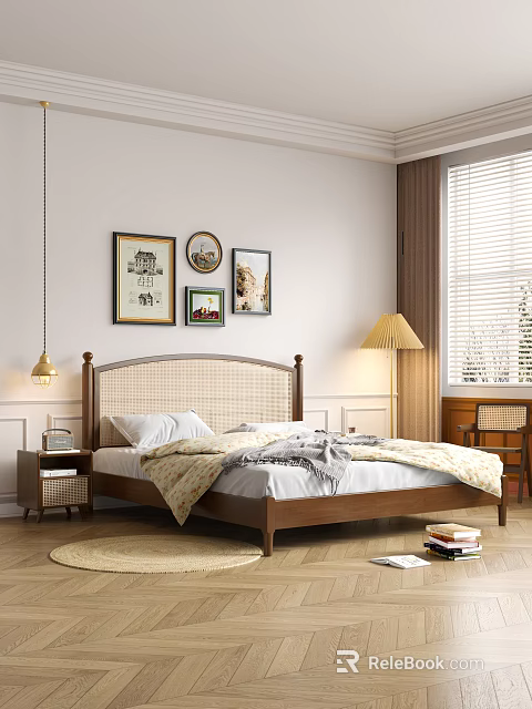 Cozy Double Bed with Upholstered Headboard Wooden Frame Decorative Paintings Floor Lamp Nightstand and Venetian Blinds 3d model 