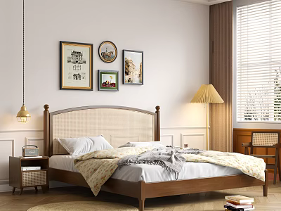 Cozy Double Bed with Upholstered Headboard Wooden Frame Decorative Paintings Floor Lamp Nightstand and Venetian Blinds 3d model