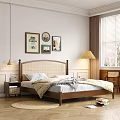 Cozy Double Bed with Upholstered Headboard Wooden Frame Decorative Paintings Floor Lamp Nightstand and Venetian Blinds
