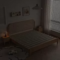 Wooden Double Bed With Woven Headboard Pillows Blanket Nightstand Table Lamp Window Blinds And Wall Art
