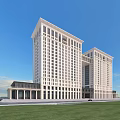 Modern White Office Building With Large Windows Colonnade Base Lawn Water Pool And Blue Sky