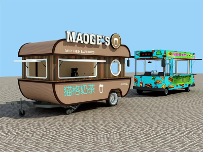 Brown MAOGE'S Food Truck And Blue Mobile Kitchen For Street Food Service 3d model