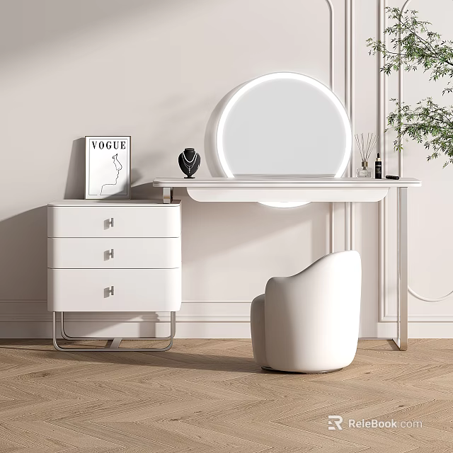 Modern White Dressing Table with Round Mirror Drawers Accent Chair and Decor Items 3d model 