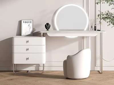 Modern White Dressing Table with Round Mirror Drawers Accent Chair and Decor Items 3d model