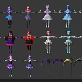 Diverse Fantasy Characters with Colorful Costumes Standing Poses and Scythe Weapons