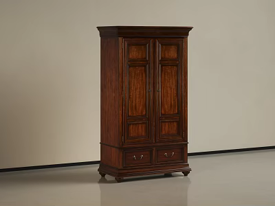 Classic Dark Wood Wardrobe With Double Panel Doors And Bottom Drawers 3d model