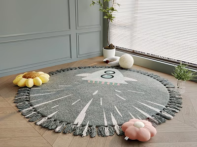 Round Gray Rug With Tassels And Flower Cushions In Living Room 3d model