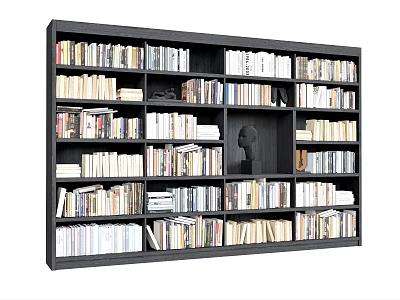 Large Black Bookshelf Filled with Books and Sculpture Head Decoration 3d model