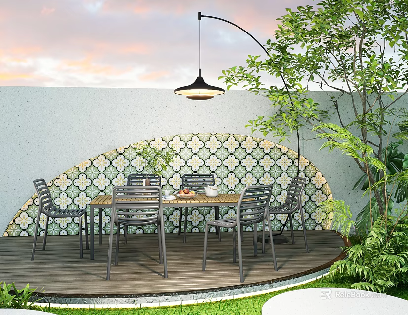 Serene Outdoor Garden Landscape With Wooden Deck Table Chairs Patterned Tile Wall And Green Plants 3d model 