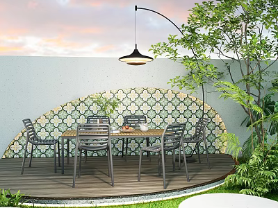 Serene Outdoor Garden Landscape With Wooden Deck Table Chairs Patterned Tile Wall And Green Plants 3d model