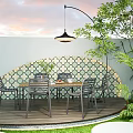 Serene Outdoor Garden Landscape With Wooden Deck Table Chairs Patterned Tile Wall And Green Plants