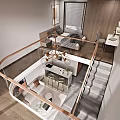 Modern Apartment Interior With Living Room Staircase Sofa Coffee Table TV And Artwork