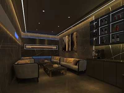Elegant Modern Bar Interior Design With Sofas Wine Cabinets And Lighting 3d model