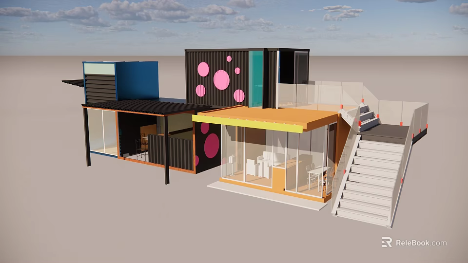 Modern Container Building With Pink Dots Blue Yellow Modules And Glass Windows Staircase 3d model