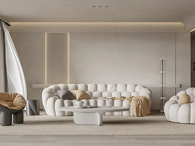 Modern Living Room Interior With Tufted Sofa Round Coffee Table Throw Pillows And Floor Lamp 3d model