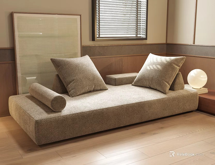 Neutral Toned Linen Fabric Sectional Sofa With Plush Cushions Wooden Floor And Window Blinds 3d model 