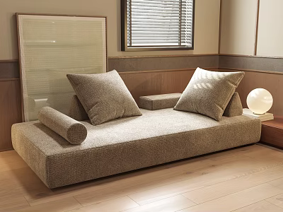 Neutral Toned Linen Fabric Sectional Sofa With Plush Cushions Wooden Floor And Window Blinds 3d model
