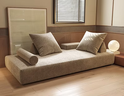 Neutral Toned Linen Fabric Sectional Sofa With Plush Cushions Wooden Floor And Window Blinds 3d model