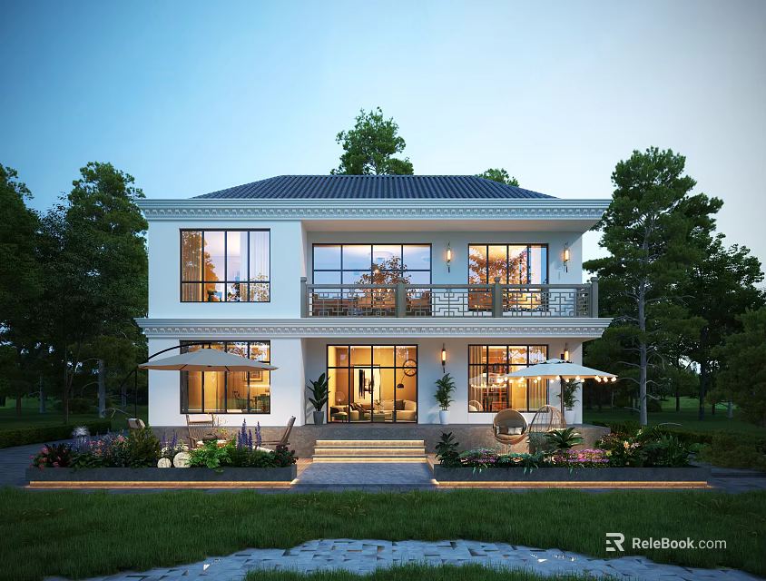 Two Story White Detached Villa Exterior With Large Windows Greenery And Evening Lighting 3d model 