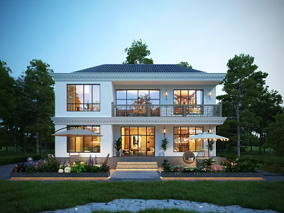Two Story White Detached Villa Exterior With Large Windows Greenery And Evening Lighting 3d model