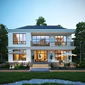 Two Story White Detached Villa Exterior With Large Windows Greenery And Evening Lighting
