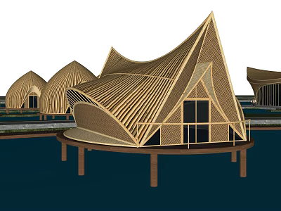 Modern Wooden House With Unique Curved Roof Design On Water And Glass Windows 3d model