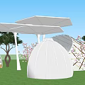Modern White Pergola Structure With Geometric Canopy Green Lawn And Trees