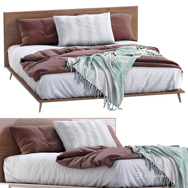 Modern Minimalist Double Bed Design With Wooden Headboard Brown White Pillows And Soft Blanket 3d model 