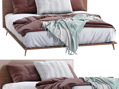Modern Minimalist Double Bed Design With Wooden Headboard Brown White Pillows And Soft Blanket 3d model