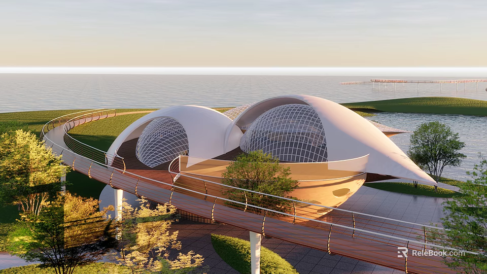Modern Dome Architectural Design With Wooden Walkway Coastal Greenery And Sunset Sea View 3d model 