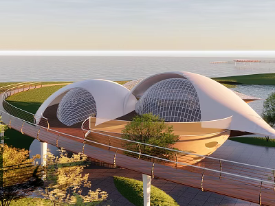 Modern Dome Architectural Design With Wooden Walkway Coastal Greenery And Sunset Sea View 3d model