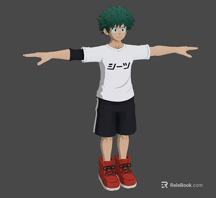 Green Haired Game Character In White T Shirt Black Shorts Red Shoes With Arms Outstretched 3d model 