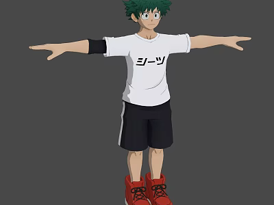Green Haired Game Character In White T Shirt Black Shorts Red Shoes With Arms Outstretched 3d model