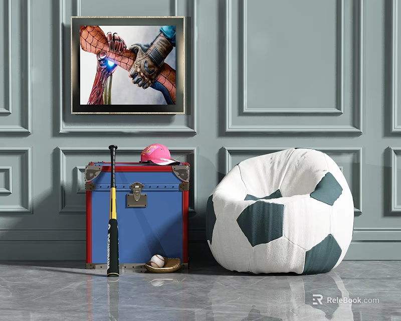 Soccer Ball Shaped Single Seater Sofa With Blue Trunk Pink Cap And Light Blue Wall 3d model 