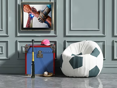 Soccer Ball Shaped Single Seater Sofa With Blue Trunk Pink Cap And Light Blue Wall 3d model