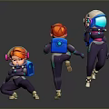 Three Astronaut Characters Running in Spacesuits with Orange Red Blue Helmets on Dark Reflective Ground