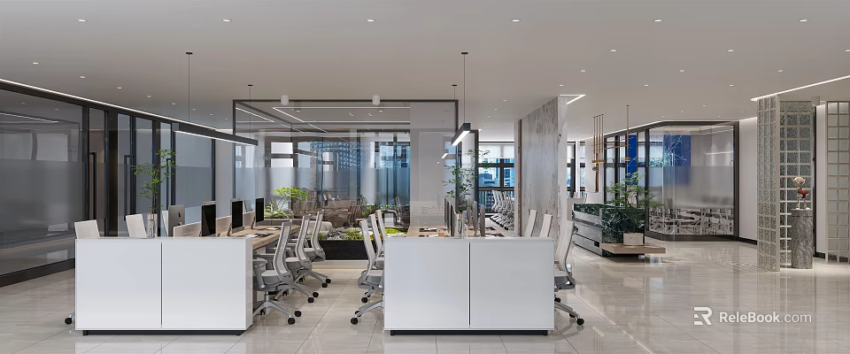 Modern Public Office Interior Design With Workstations Glass Partitions Ergonomic Chairs And Green Plants 3d model 
