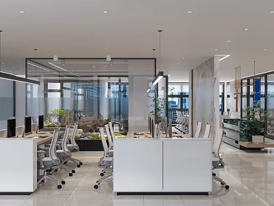 Modern Public Office Interior Design With Workstations Glass Partitions Ergonomic Chairs And Green Plants 3d model