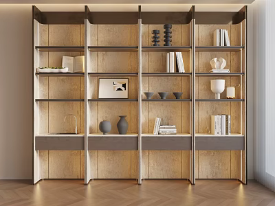 Modern Open Design Bookcase With Wooden Shelves Holding Books Vases Sculptures And Decorative Items 3d model