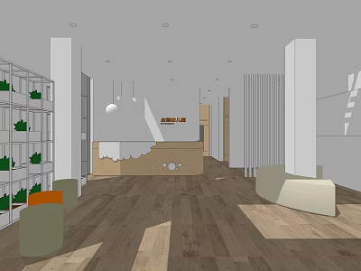 Kindergarten Interior With Bright Space Wooden Flooring Reception Desk And Cozy Seats 3d model