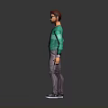 3D Male Character Model In Green Sweater And Purple Pants Standing Against Gray Background
